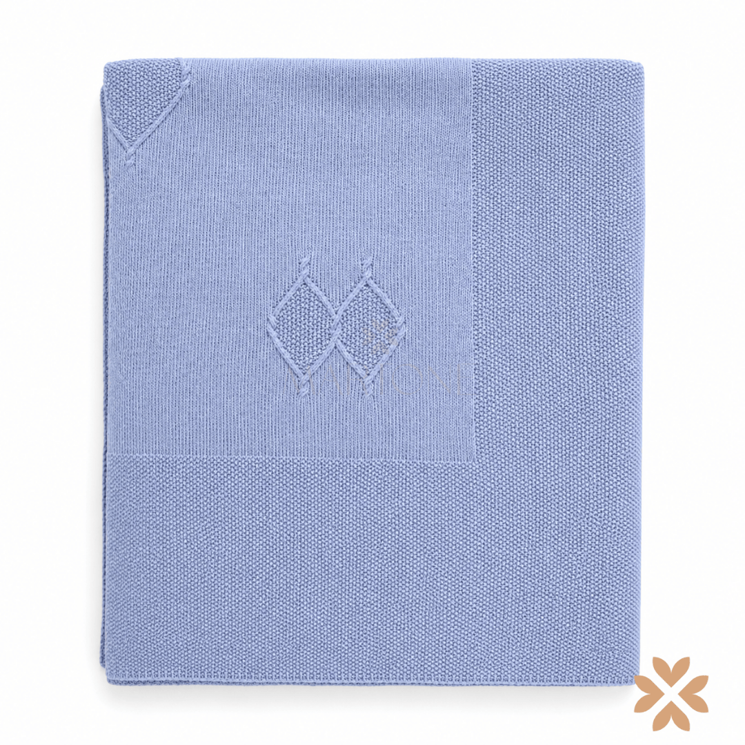 Coperta Neonato in Maglia Celeste con Motivo a Doppio Rombo