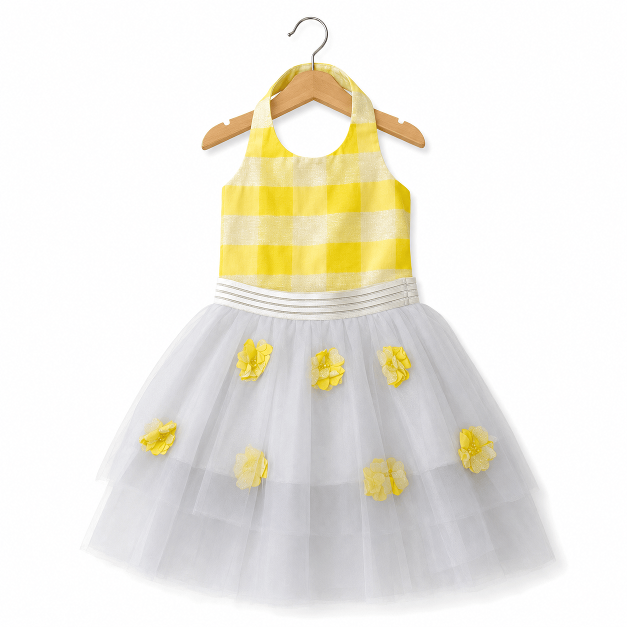Abito giallo bambina in tulle con fiori applicati