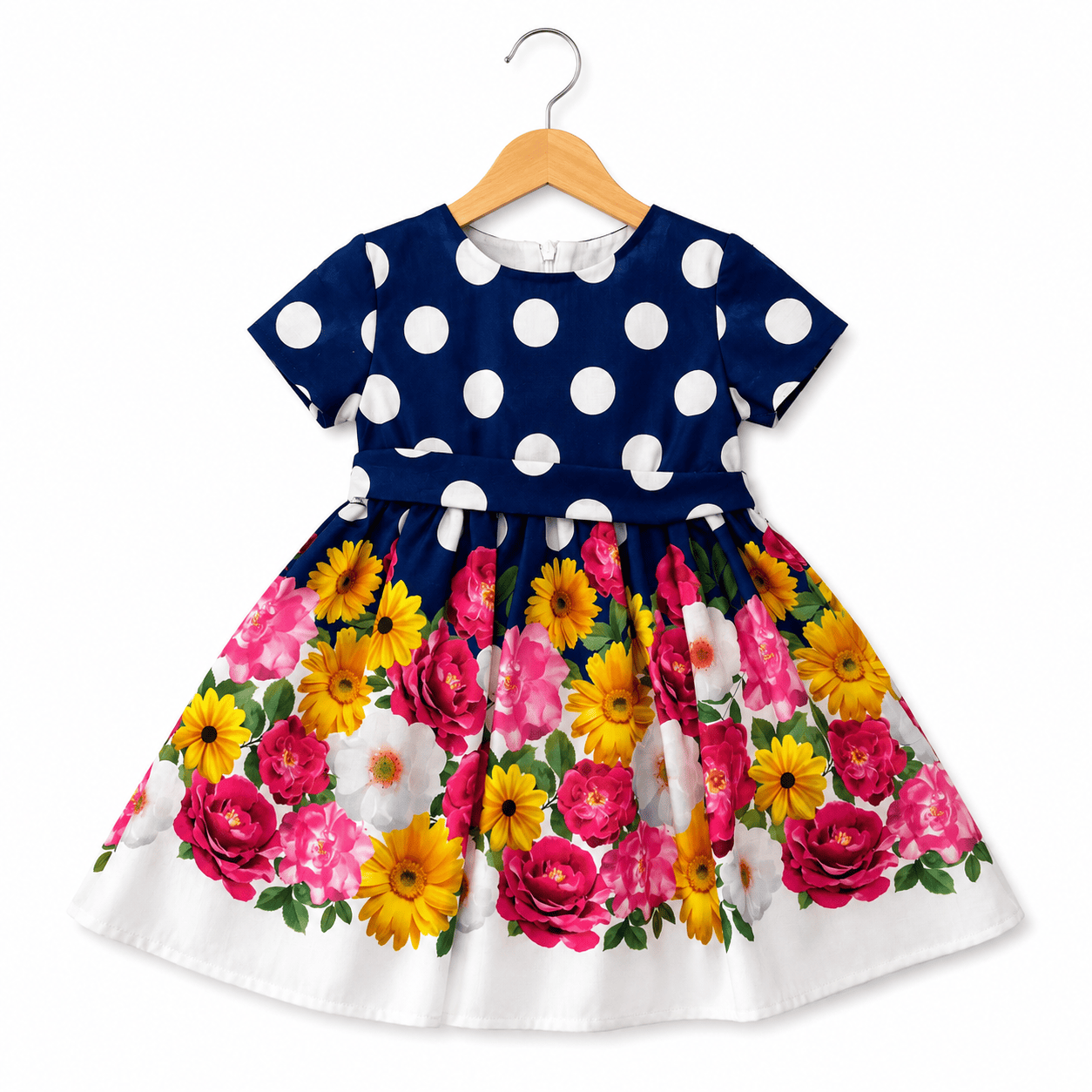 Abito bambina blu a pois con stampa floreale - Allegra