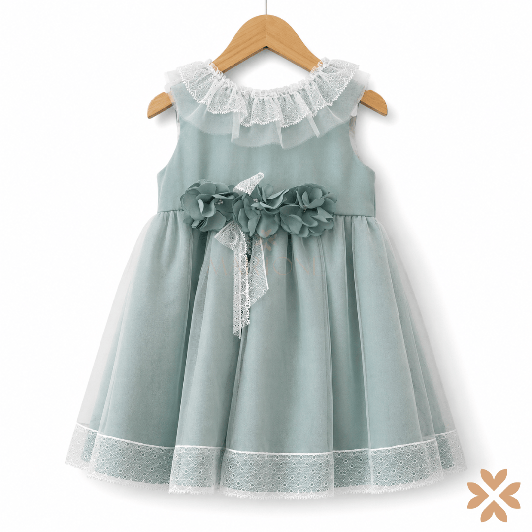 Abito verde con fiori e pizzo - Ambarabà