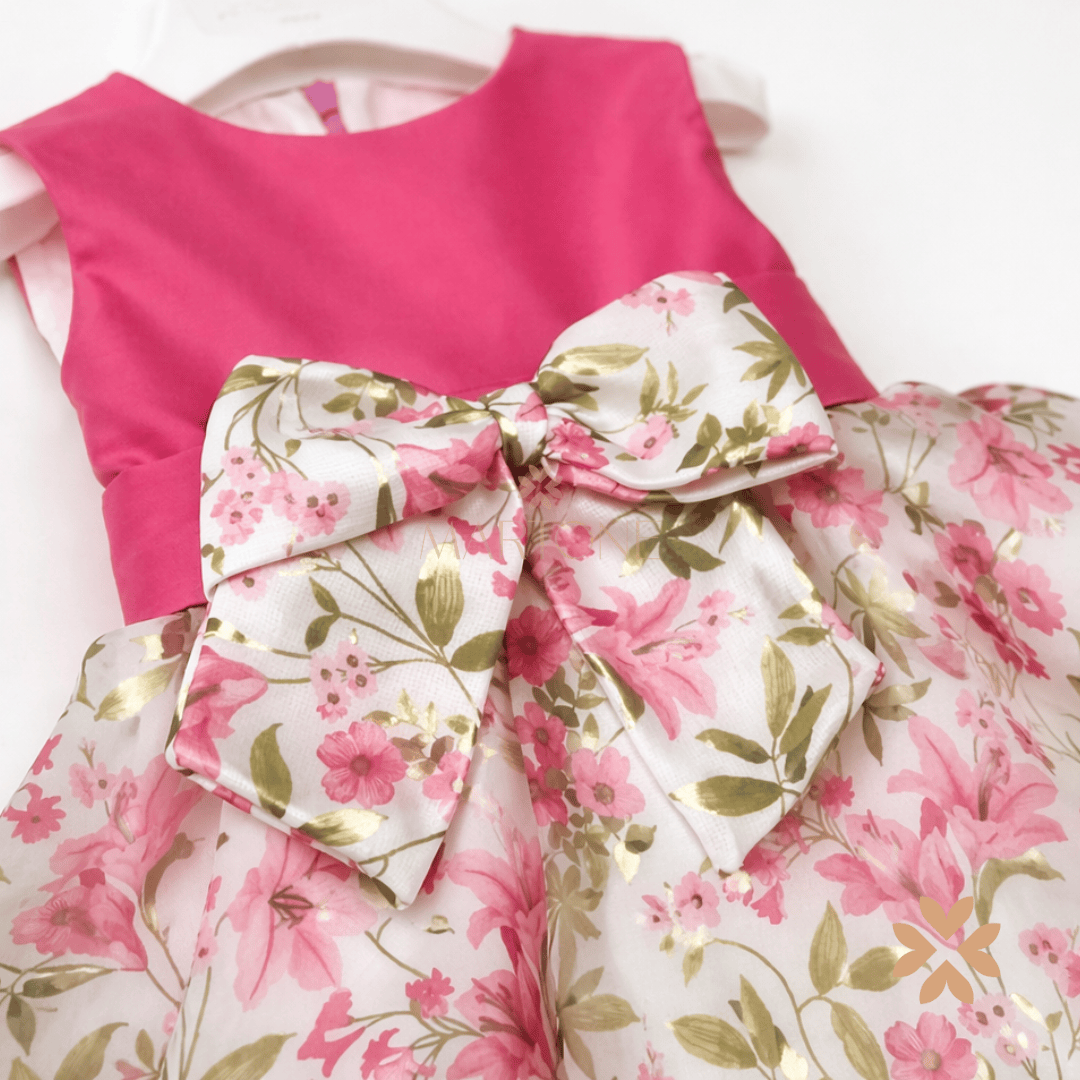 Abito floreale rosa con maxi fiocco - Ambarabà