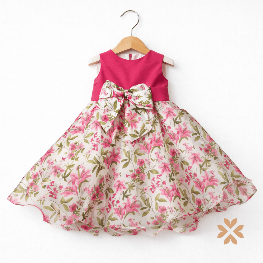 Abito floreale rosa con maxi fiocco - Ambarabà
