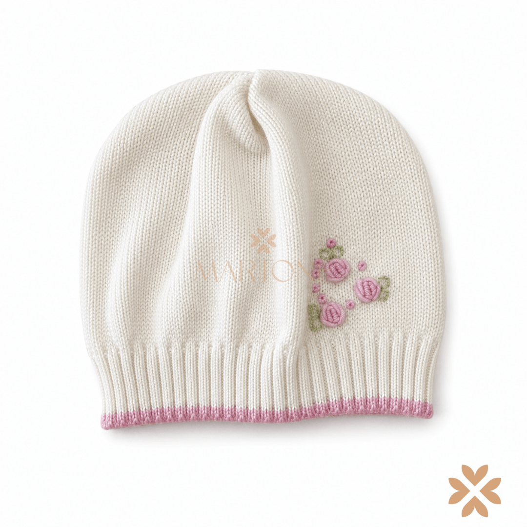Cappellino in Lana Panna con Ricamo Floreale - Bimbalò