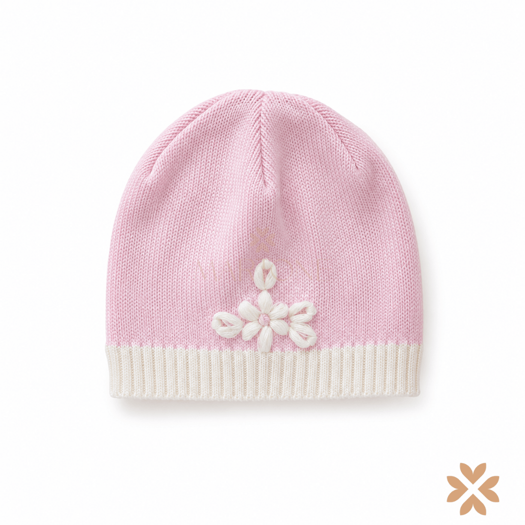 Cappellino in Lana Rosa con Fiore - Bimbalò