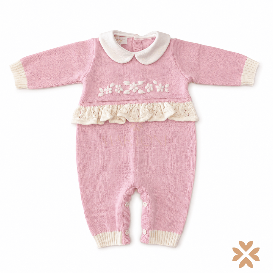 Tutina in Lana Rosa con Ricamo Floreale - Bimbalò