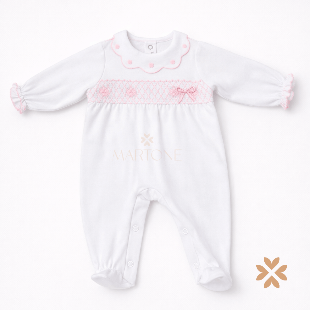 Tutina intera bianca punto smock rosa - Deolinda