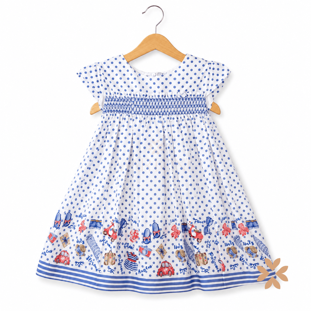 Abito a pois azzurri con punto smock e stampa Riviera - Dr.Kid