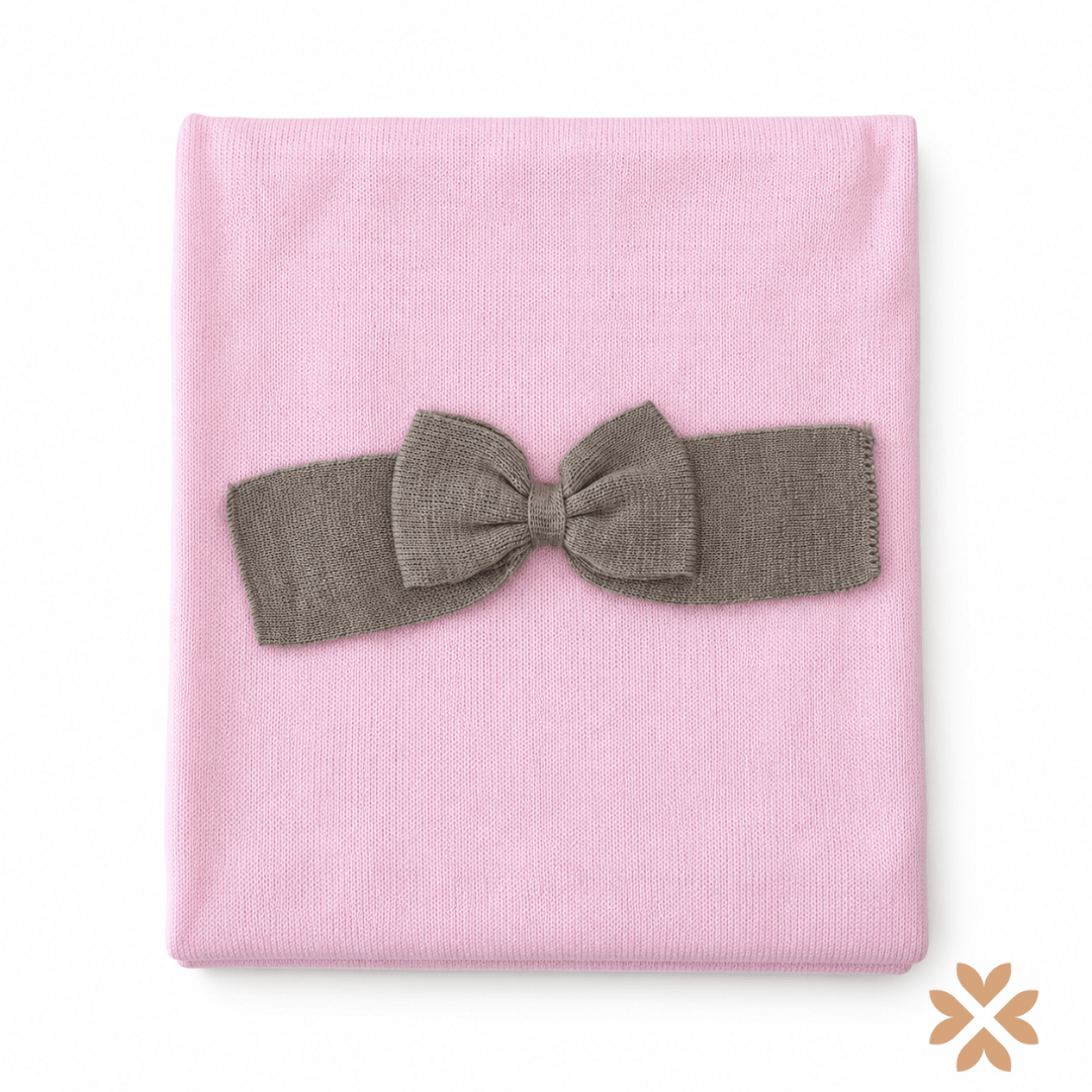 Coperta in Maglia Rosa e Tortora con Fiocco - Isabel&Martinez