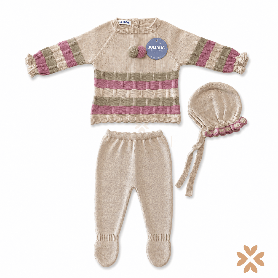 Completo neonata 3 pezzi in maglia a righe multicolore - Juliana