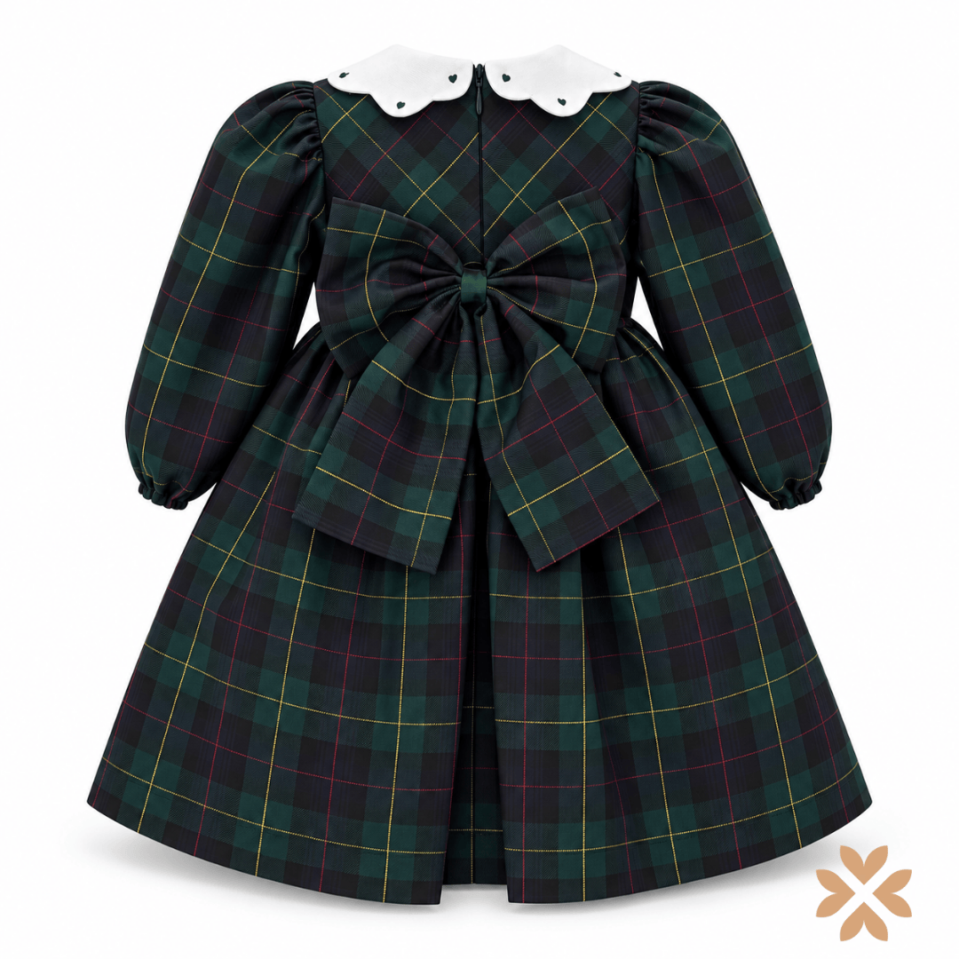 Abito Tartan Verde con Collo Margherita  - La Sartoria Dei Piccoli