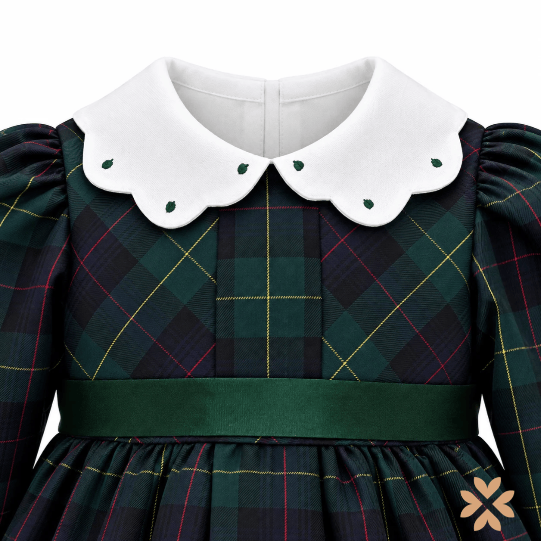 Abito Tartan Verde con Collo Margherita  - La Sartoria Dei Piccoli