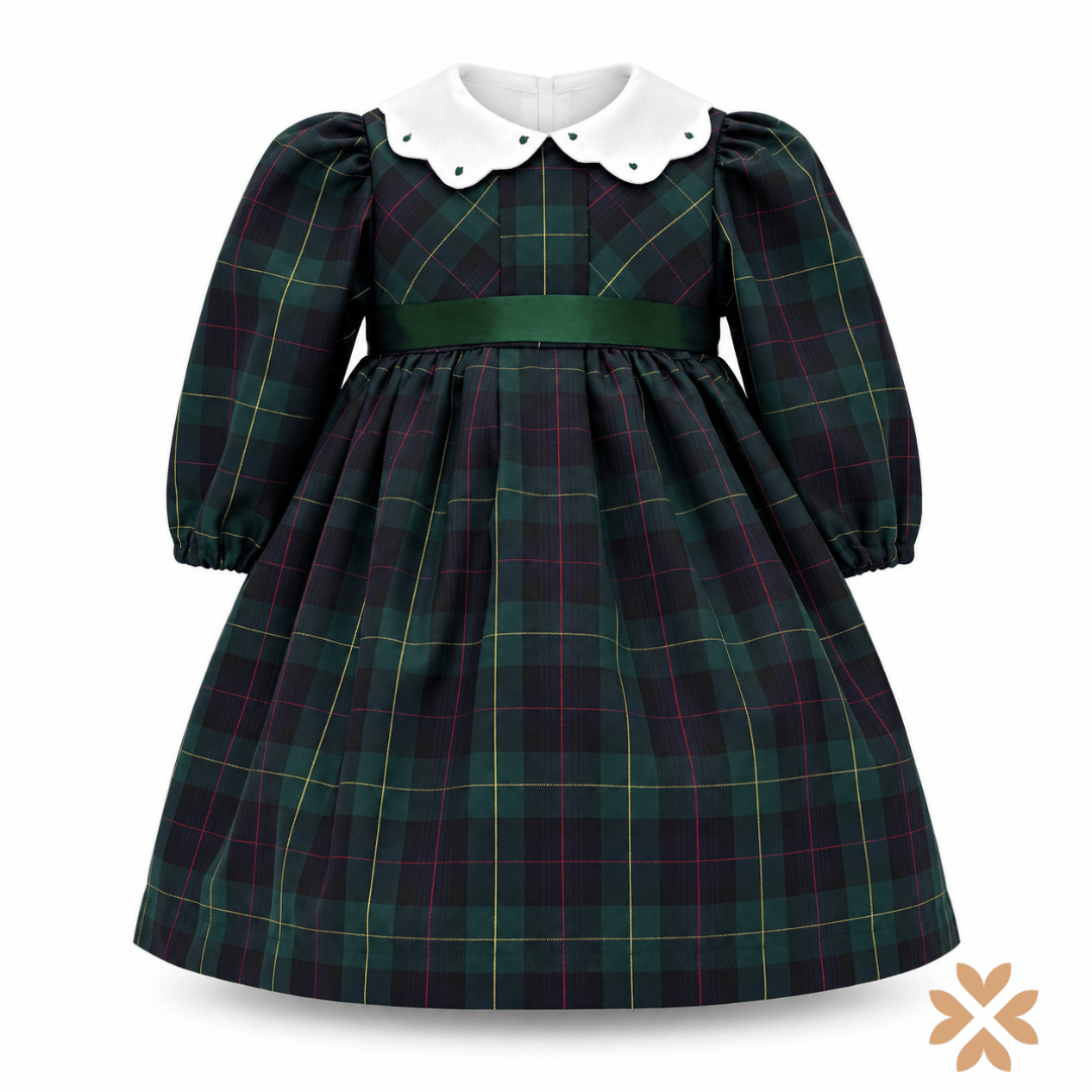 Abito Tartan Verde con Collo Margherita  - La Sartoria Dei Piccoli