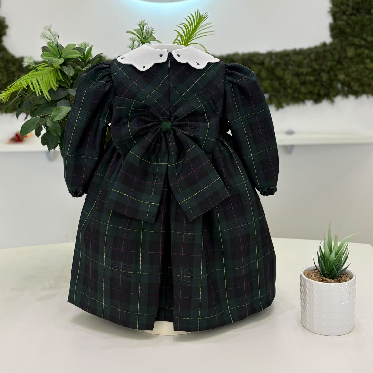 Abito Tartan Verde con Collo Margherita  - La Sartoria Dei Piccoli