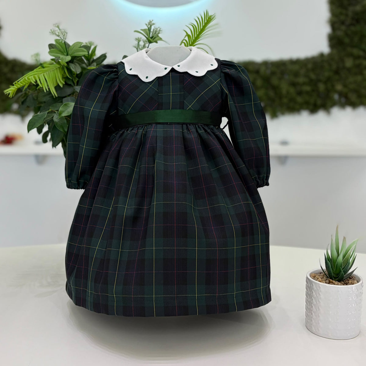 Abito Tartan Verde con Collo Margherita  - La Sartoria Dei Piccoli