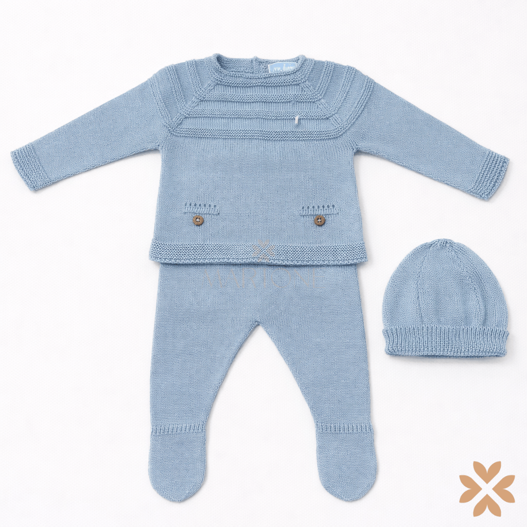 Tutina spezzata in filo di cotone azzurro con taschine e bottoni – Mac Ilusion