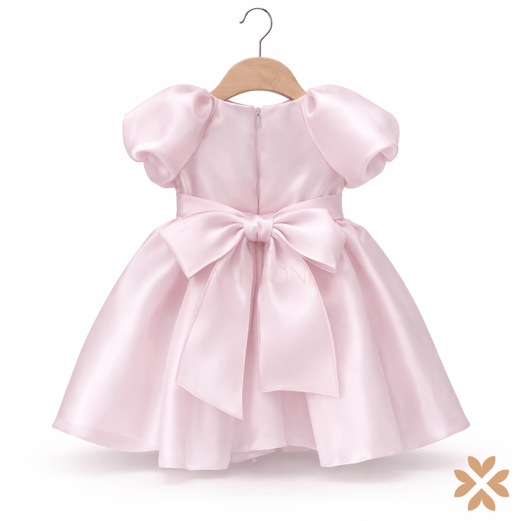 Abito rosa organza lucida con spilla