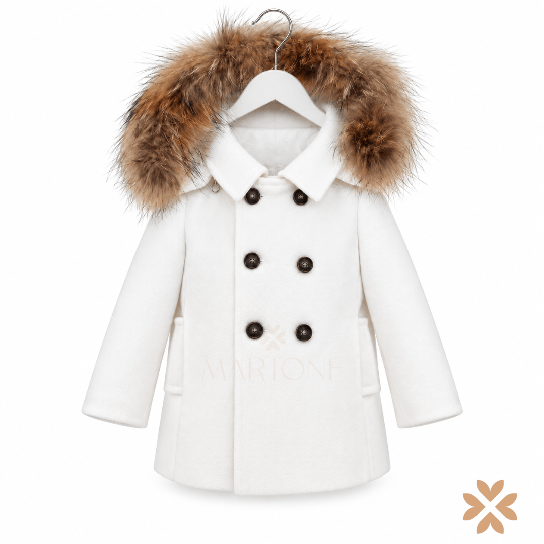 Cappotto Doppiopetto Bianco con Cappuccio in Eco-Pelliccia