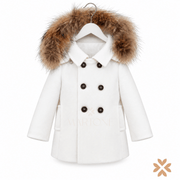 Cappotto Doppiopetto Bianco con Cappuccio in Eco-Pelliccia
