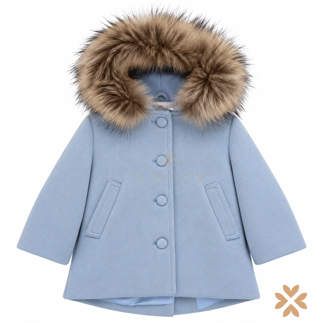 Cappotto in Panno Azzurro con Cappuccio in Ecopelliccia