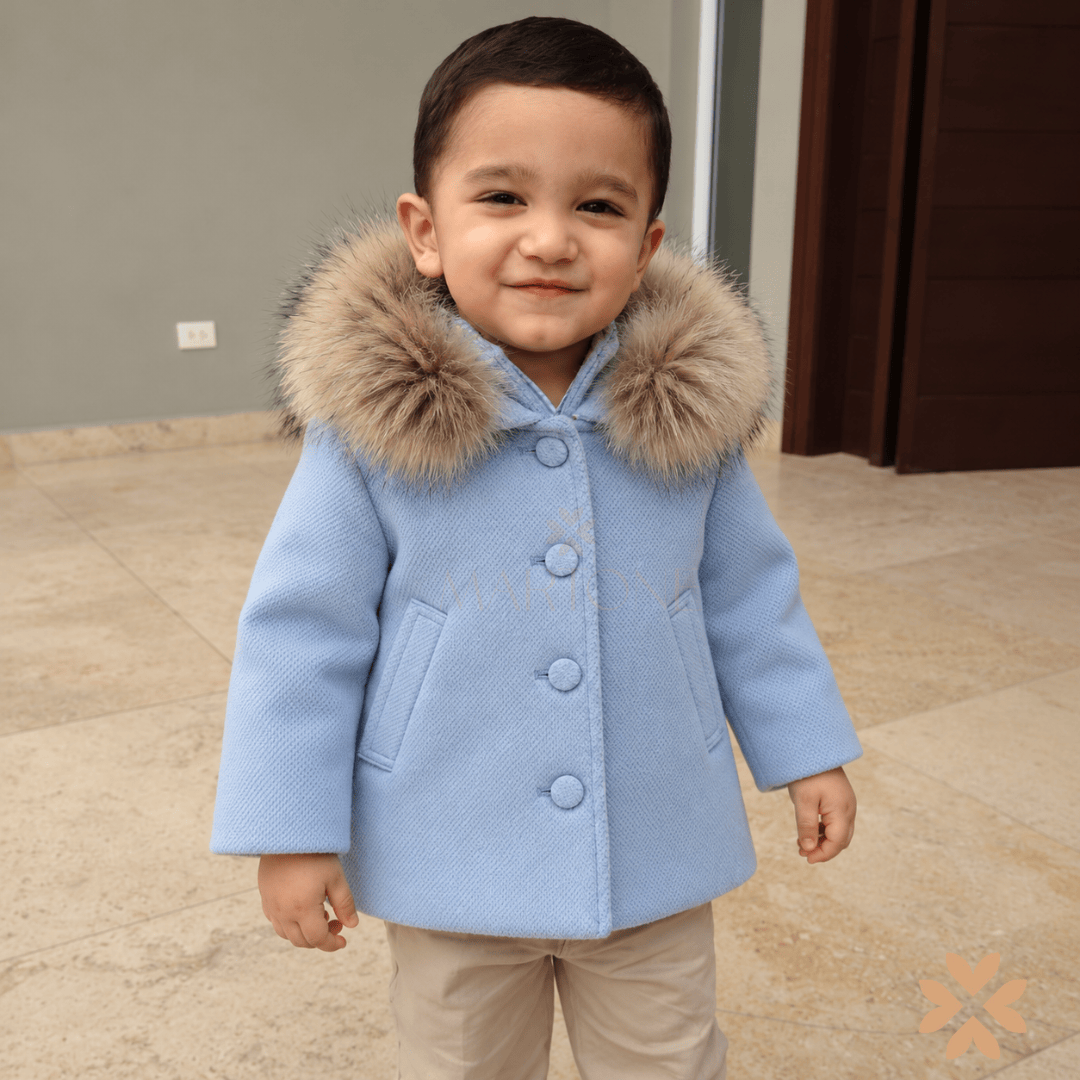 Cappotto in Panno Azzurro con Cappuccio in Ecopelliccia