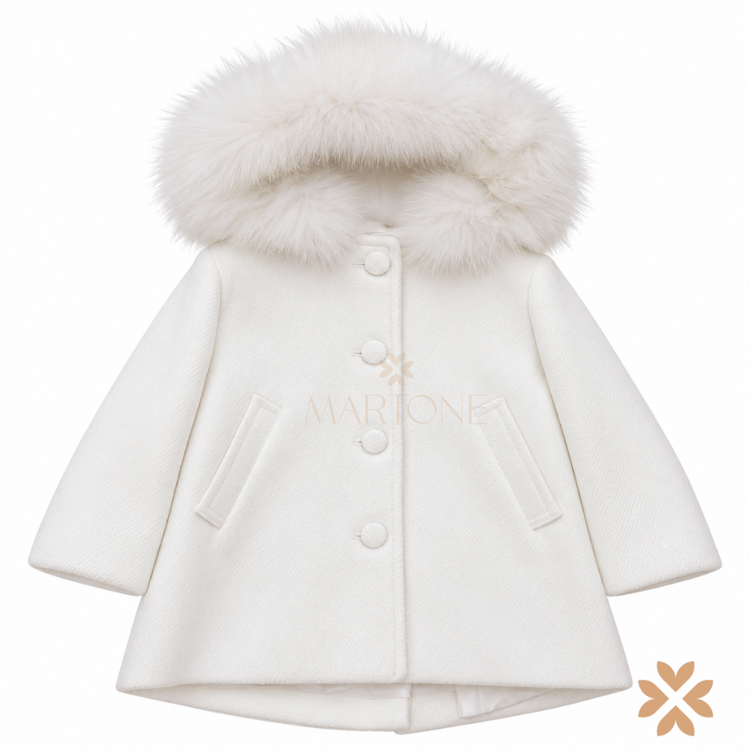 Cappotto in Panno Bianco con Cappuccio in Ecopelliccia