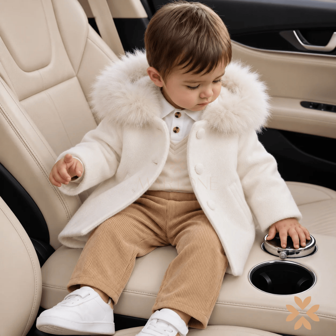 Cappotto in Panno Bianco con Cappuccio in Ecopelliccia
