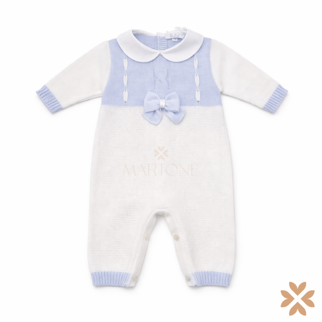 Tutina intera in filo celeste e bianco con fiocco – Primodì Bebè