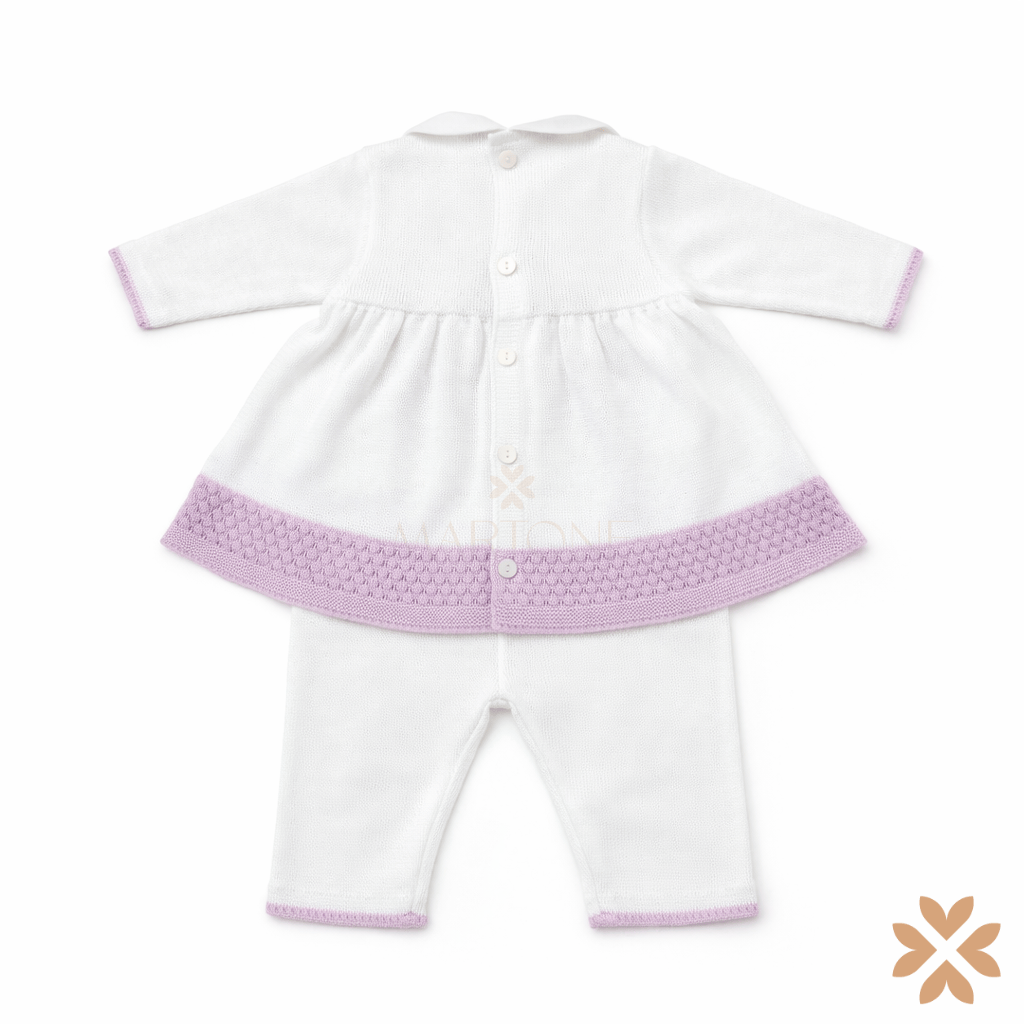 Tutina spezzata in filo  bianco e lilla con fiocco  - Primodì Bebè