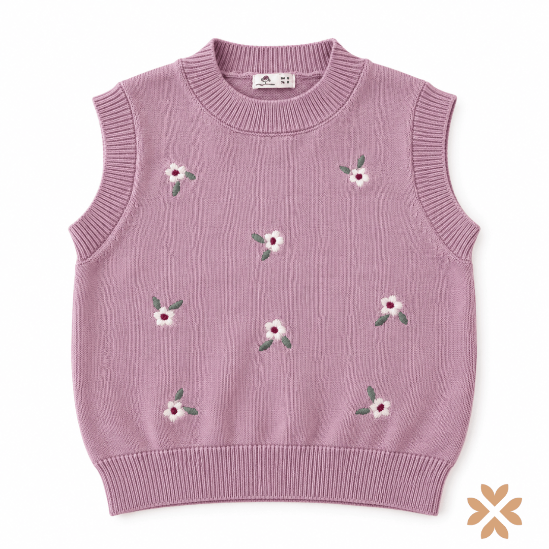 Gilet Bimba in Maglia Lilla con Fiori Ricamati - Street Monkey