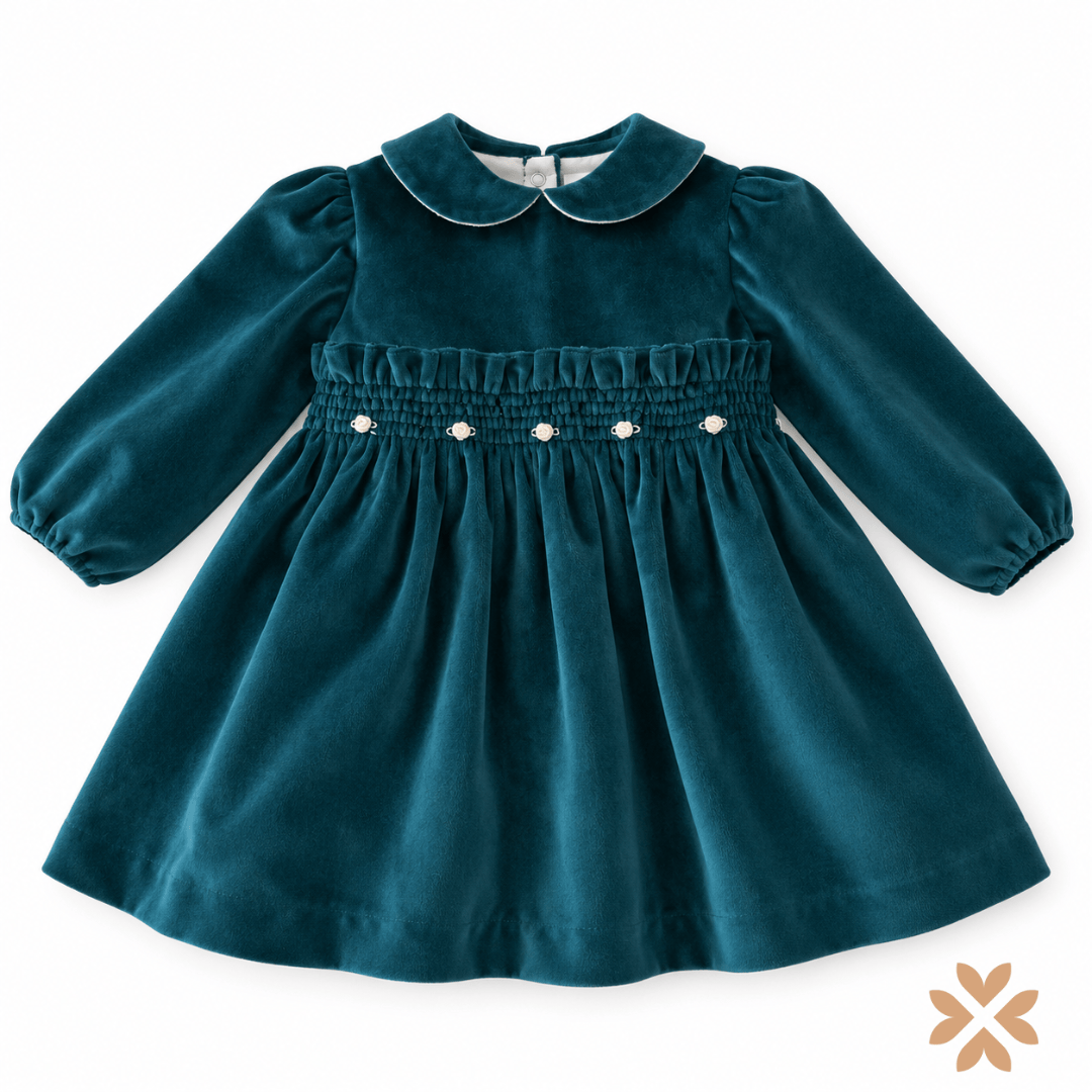 Abito in Velluto con Punto Smock e Fiorellini - Teto e Tatta