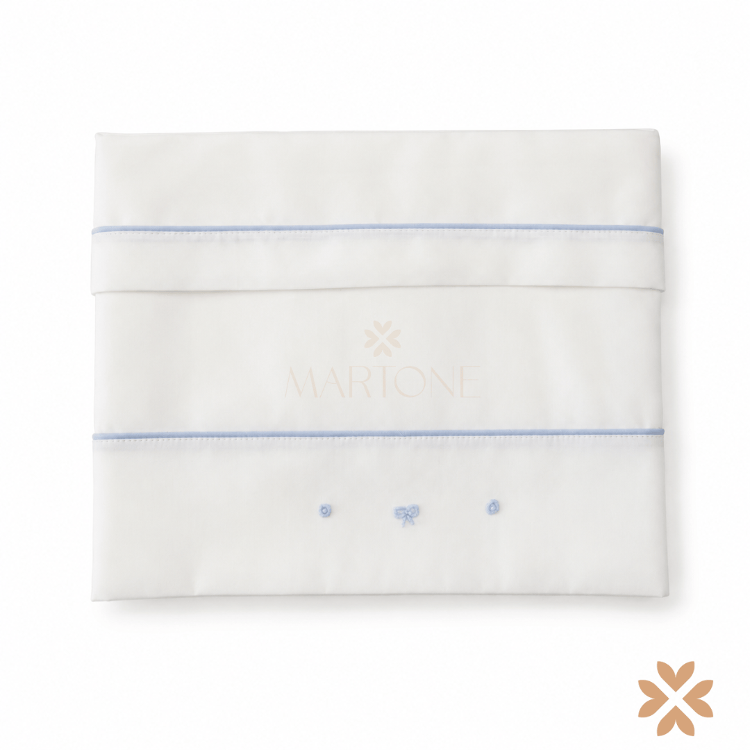 Set Lenzuola bianco con Profili e Ricami Celeste-Tetto e Tatta